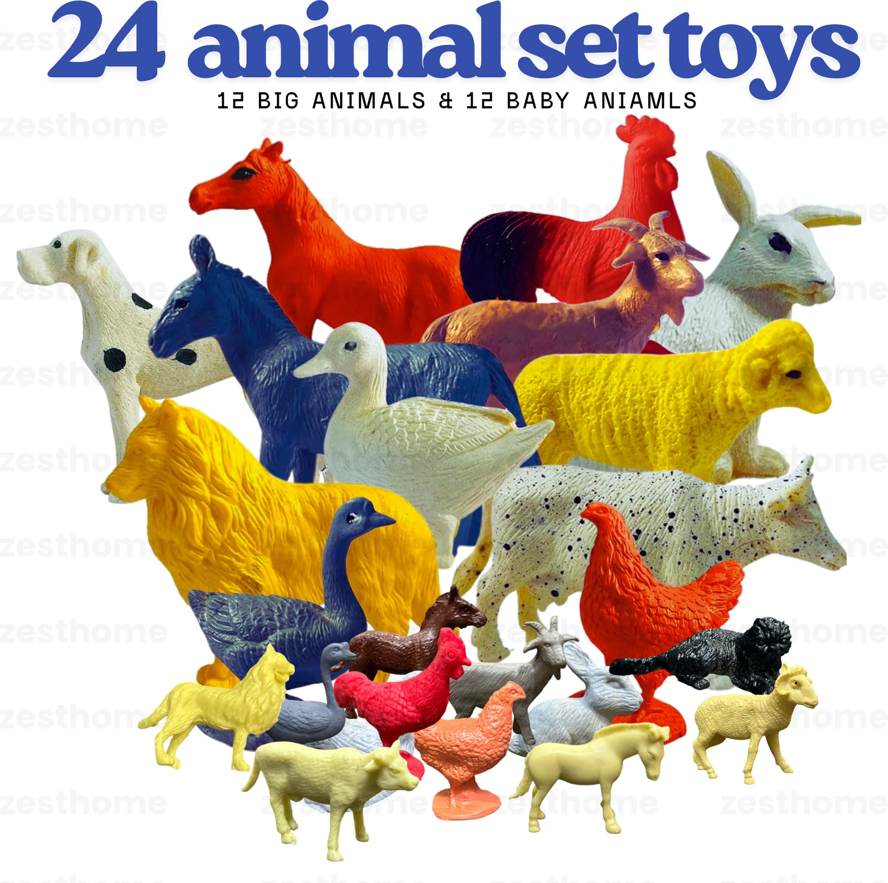 ZESTHOME 24-Piece Farm Animal Toys Set | 12 Big & 12 Mini Baby Figures