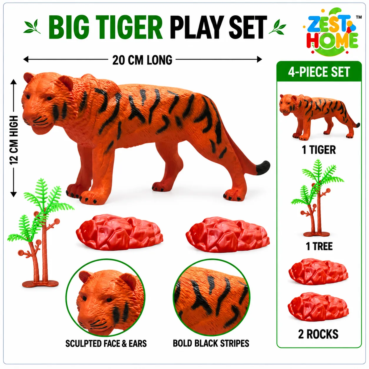 ZESTHOME Big Realistic Tiger Toy for Kids | Orange & Black Striped Animal Figure with Tree & 2 Rocks | Ages 3+ - Image 2