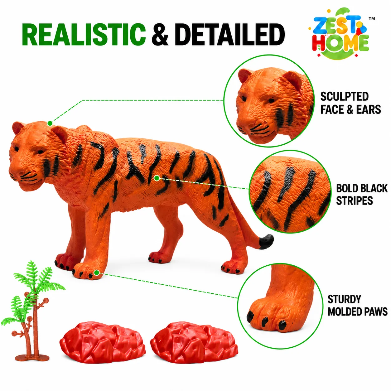 ZESTHOME Big Realistic Tiger Toy for Kids | Orange & Black Striped Animal Figure with Tree & 2 Rocks | Ages 3+ - Image 4
