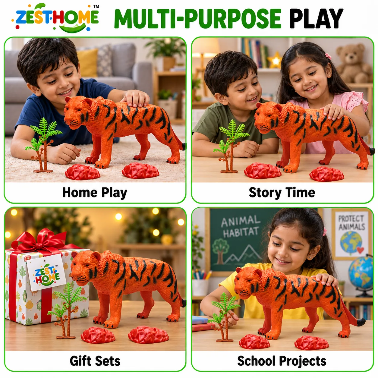 ZESTHOME Big Realistic Tiger Toy for Kids | Orange & Black Striped Animal Figure with Tree & 2 Rocks | Ages 3+ - Image 5