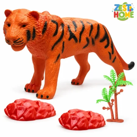 ZESTHOME Big Realistic Tiger Toy for Kids | Orange & Black Striped Animal Figure with Tree & 2 Rocks | Ages 3+