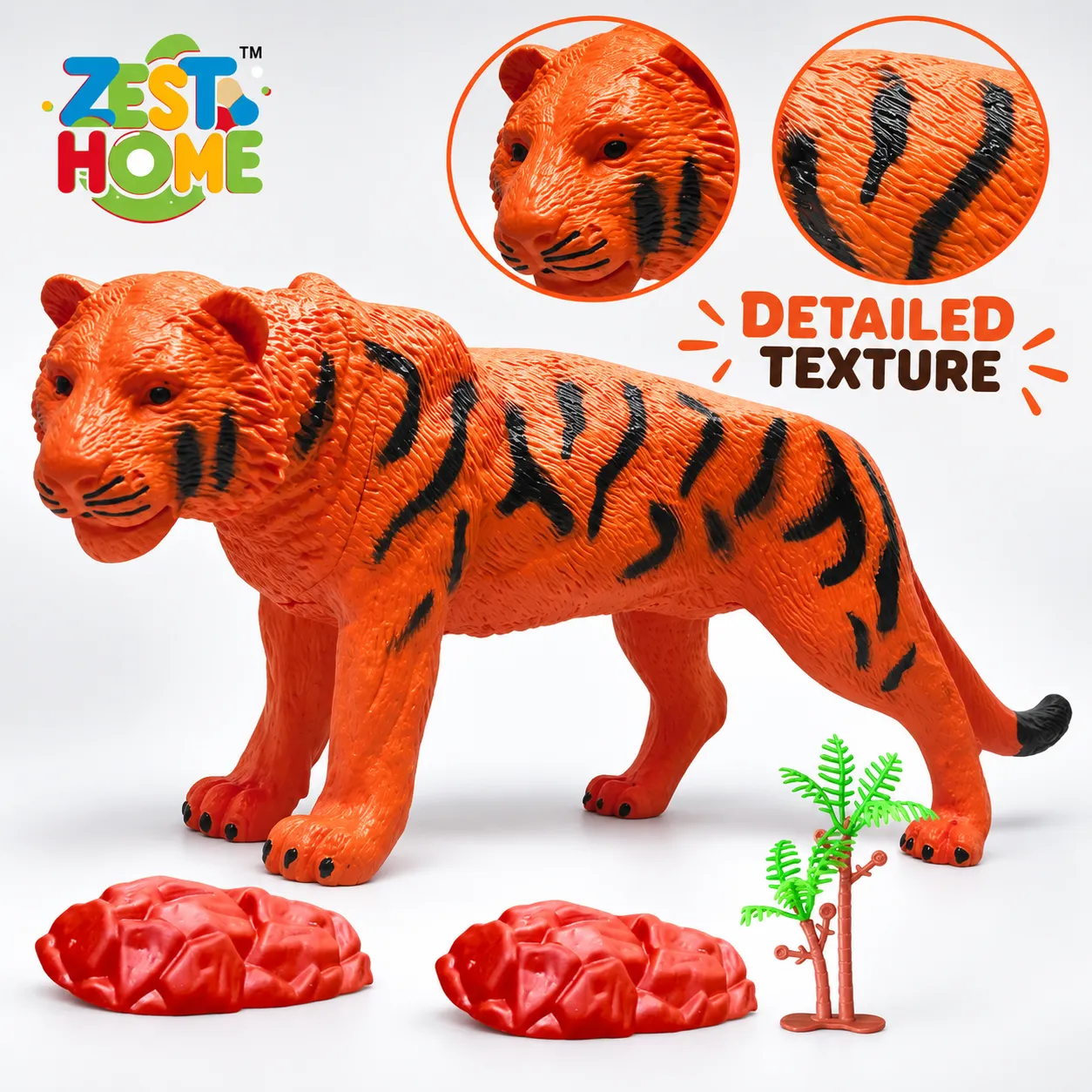 ZESTHOME Big Realistic Tiger Toy for Kids | Orange & Black Striped Animal Figure with Tree & 2 Rocks | Ages 3+ - Image 6