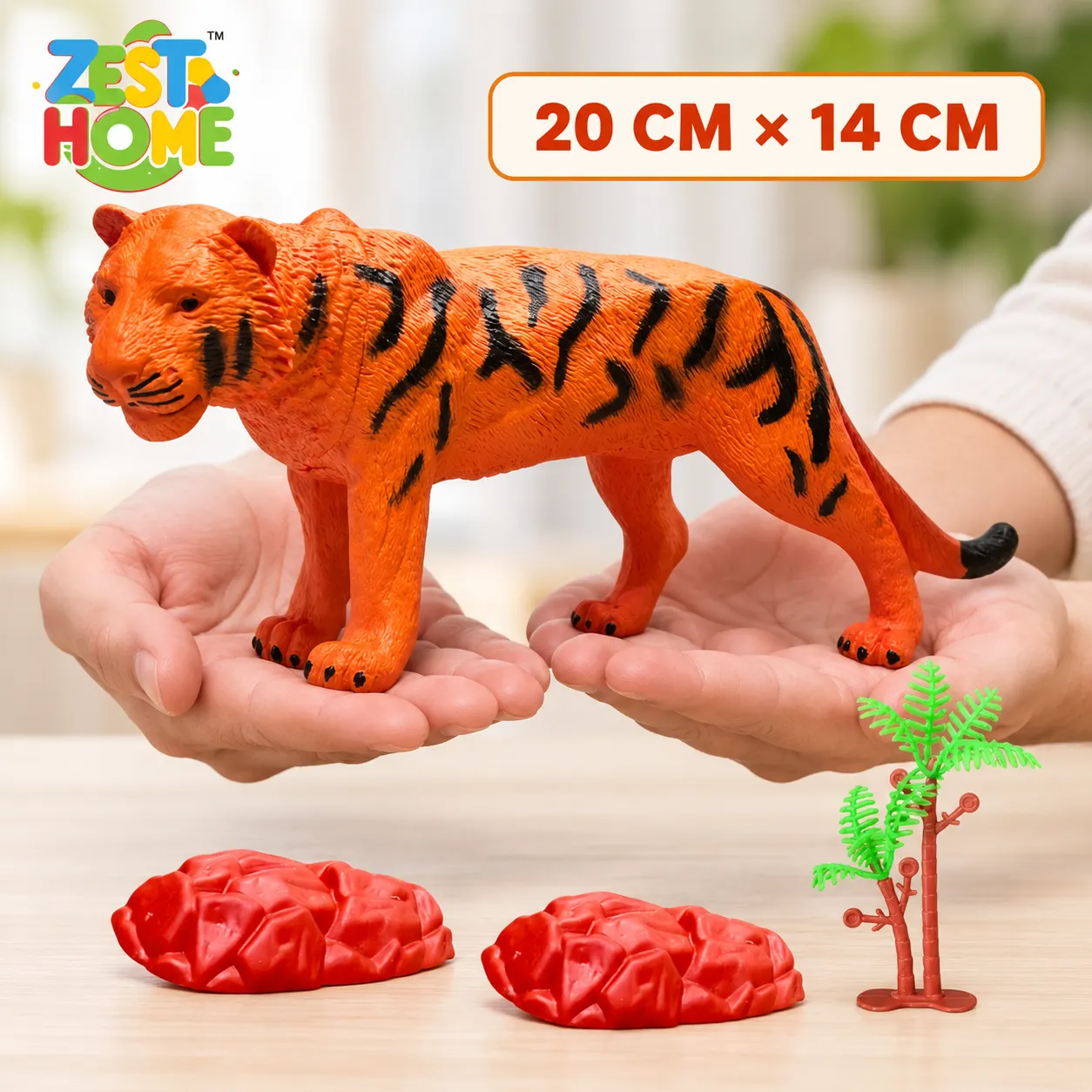 ZESTHOME Big Realistic Tiger Toy for Kids | Orange & Black Striped Animal Figure with Tree & 2 Rocks | Ages 3+ - Image 3