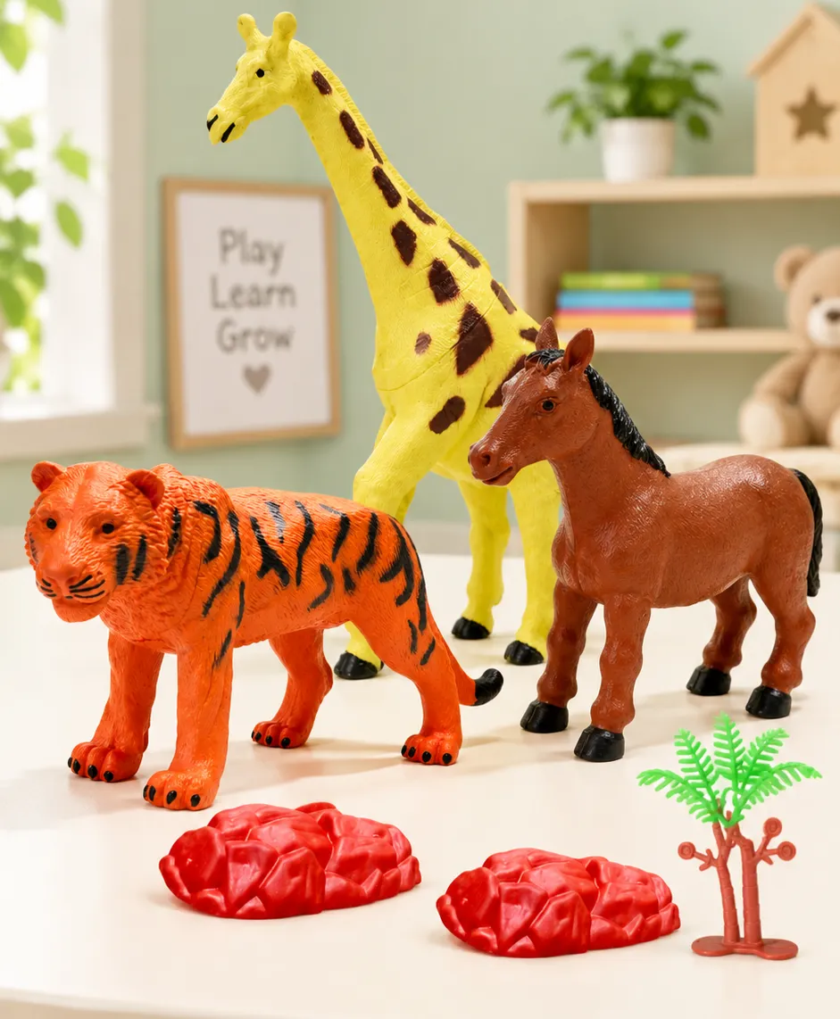 ZESTHOME 3PC Large Animal Toy Combo Set for Kids – Tiger, Giraffe and Horse Figures with 3 Trees and 6 Rocks, Ages 3+ - Image 2
