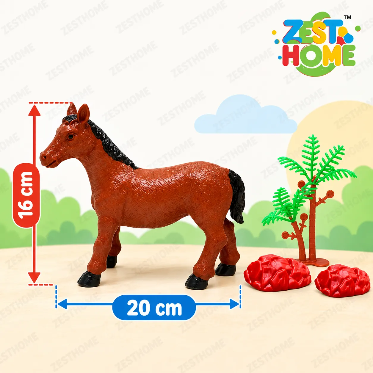 ZESTHOME 3PC Large Animal Toy Combo Set for Kids – Tiger, Giraffe and Horse Figures with 3 Trees and 6 Rocks, Ages 3+ - Image 3