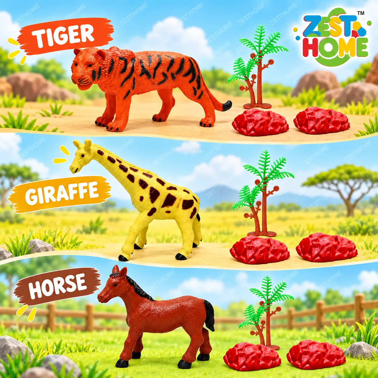 ZESTHOME 3PC Large Animal Toy Combo Set for Kids – Tiger, Giraffe and Horse Figures with 3 Trees and 6 Rocks, Ages 3+ - Image 4