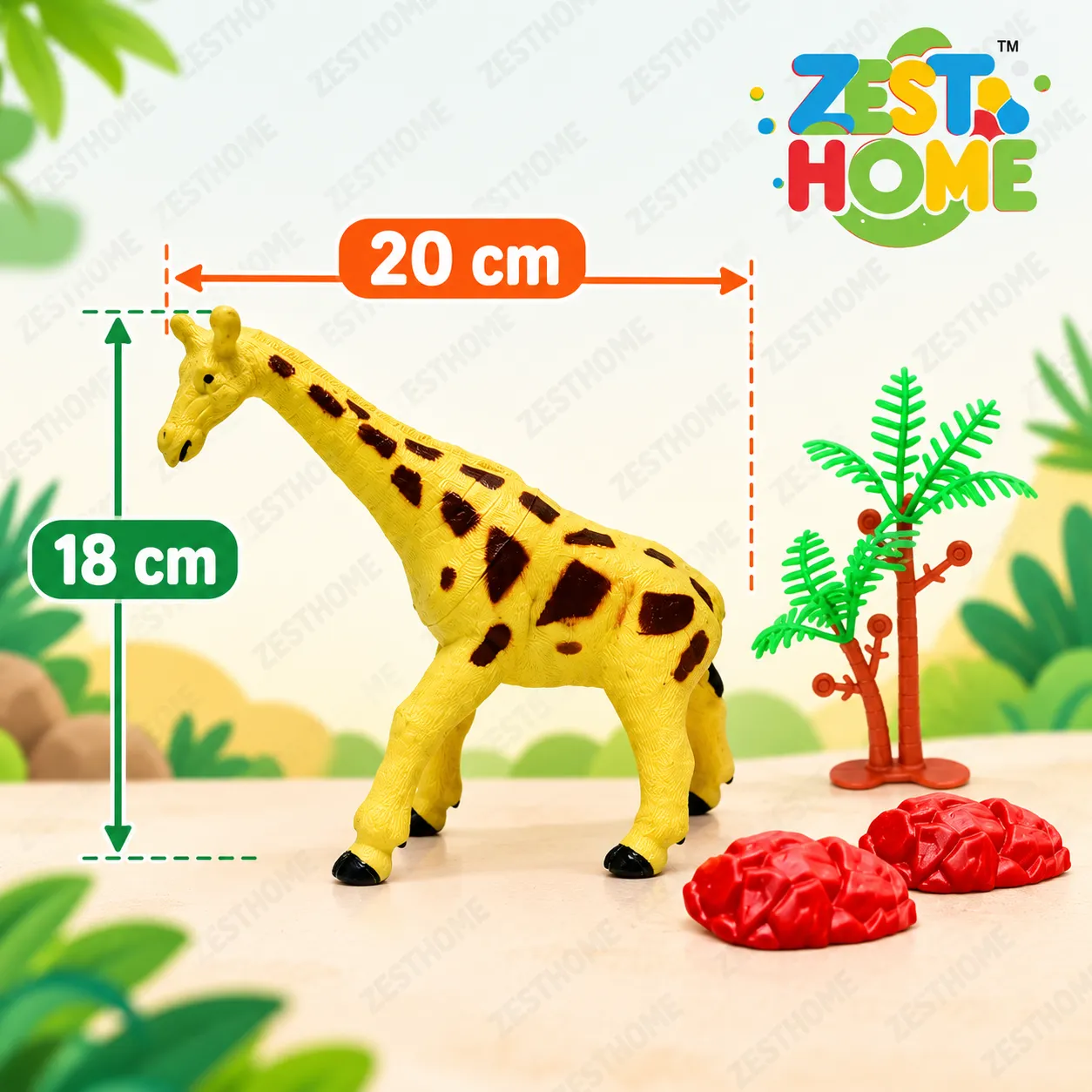 ZESTHOME 3PC Large Animal Toy Combo Set for Kids – Tiger, Giraffe and Horse Figures with 3 Trees and 6 Rocks, Ages 3+ - Image 5