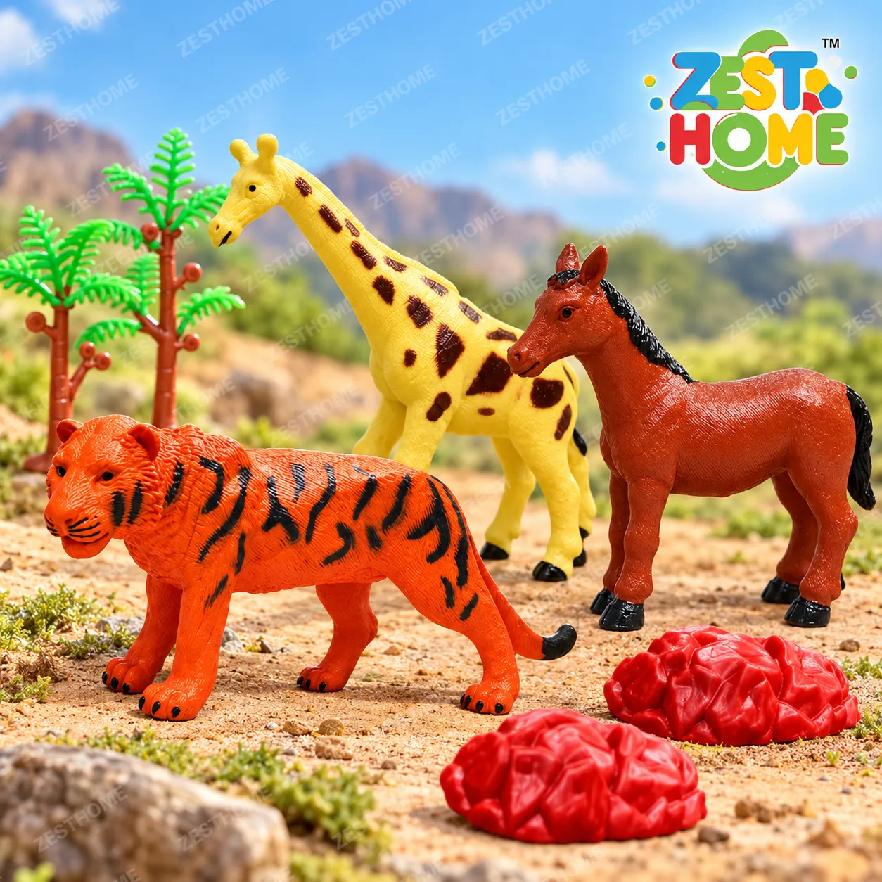 ZESTHOME 3PC Large Animal Toy Combo Set for Kids – Tiger, Giraffe and Horse Figures with 3 Trees and 6 Rocks, Ages 3+ - Image 7