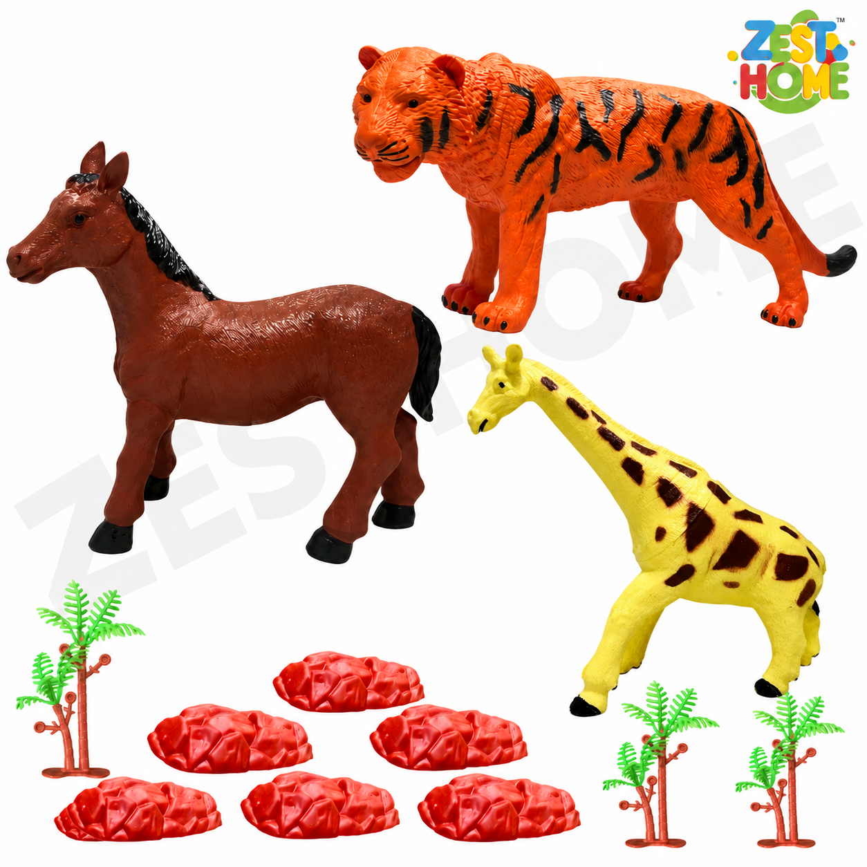 ZESTHOME 3PC Large Animal Toy Combo Set for Kids – Tiger, Giraffe and Horse Figures with 3 Trees and 6 Rocks, Ages 3+