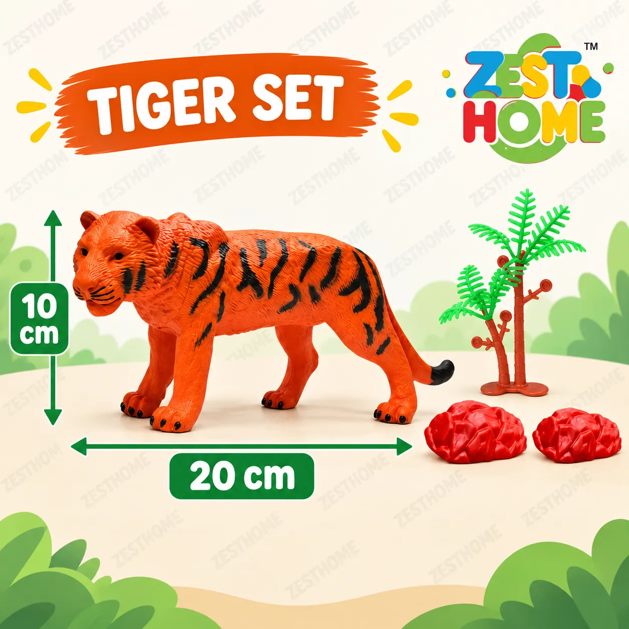 ZESTHOME 3PC Large Animal Toy Combo Set for Kids – Tiger, Giraffe and Horse Figures with 3 Trees and 6 Rocks, Ages 3+ - Image 6
