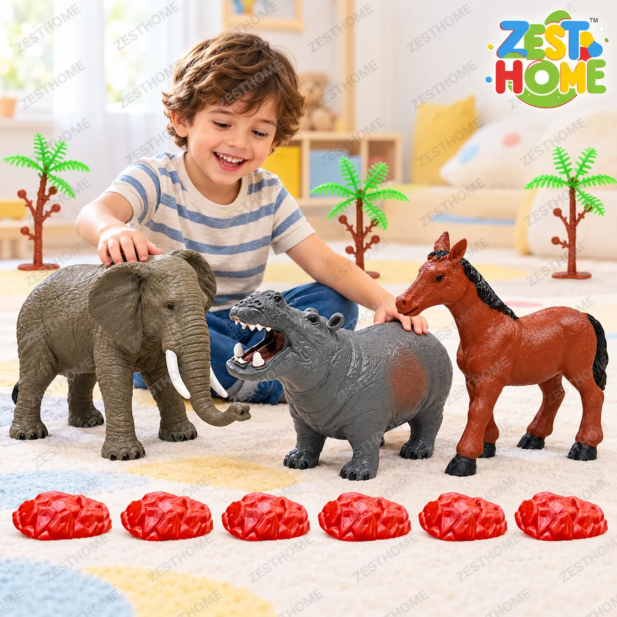 ZESTHOME Large Animal Toy Set for Kids – Elephant, Horse and Hippo Figures with 6 Rock Accessories, Ages 3+ - Image 3