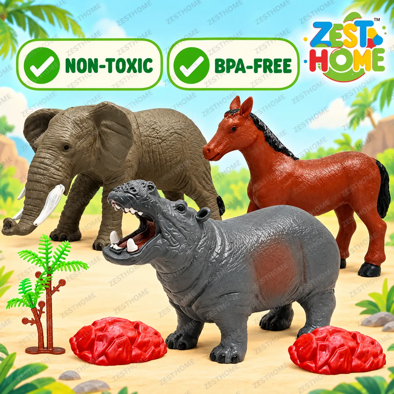 ZESTHOME Large Animal Toy Set for Kids – Elephant, Horse and Hippo Figures with 6 Rock Accessories, Ages 3+ - Image 4