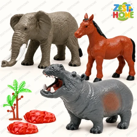 ZESTHOME Large Animal Toy Set for Kids – Elephant, Horse and Hippo Figures with 6 Rock Accessories, Ages 3+